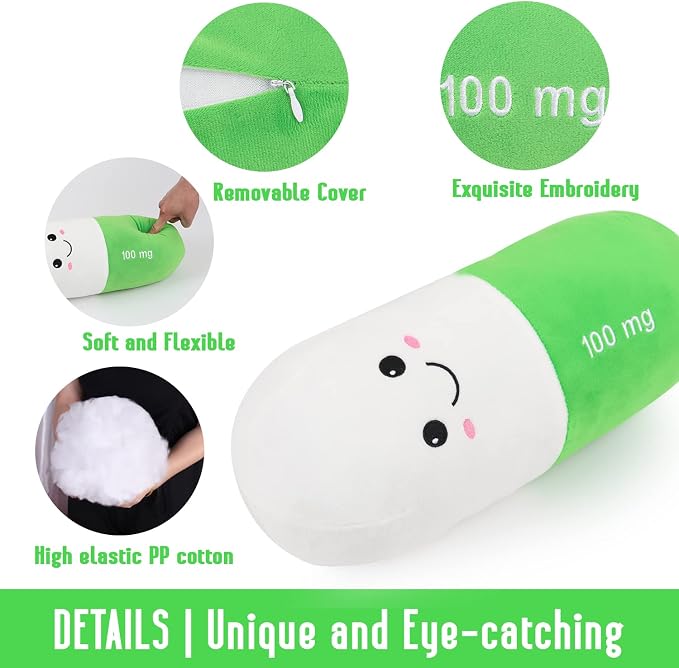 Pill Pillow Neck Roll Pillow Cute Preppy Room Decor Chill Pillows with Washable Cover, Funny Aesthetic Trendy Gift Throw Pillows for College Dorm Teenager Y2K Teacher Doctor Nurse (Green, M)