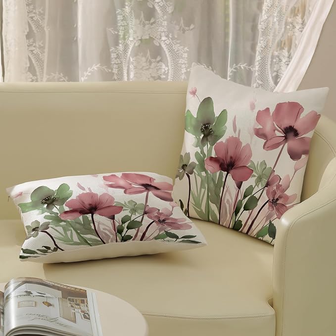 Spring Floral Pillow Covers 18x18 Inches Set of 2 Sage Green Pink Floral Throw Pillow Covers Outdoor Rustic Summer Flower Decoration Pillowcase Farmhouse Decorative Cushion Cover For Home Couch