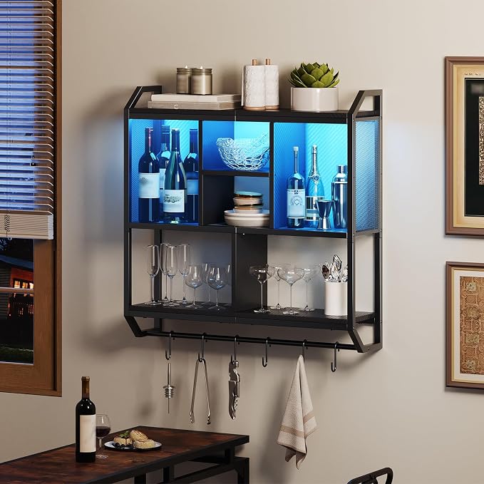 HOOBRO Gaming Floating Shelves with LED Lights, 28.7" LED Wall Mounted Shelf, 3-Tier Display Rack for Wall Storage, Floating Rack with Hanging Rod and 6 S-Hooks, for Gaming Room, Black BB70DBJ01