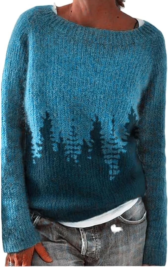 Zhyaj Fair Isle Sweater for Womens Winter Long Sleeve Vintage Knitted Sweater Casual Fall Crew Neck Pullover Sweaters