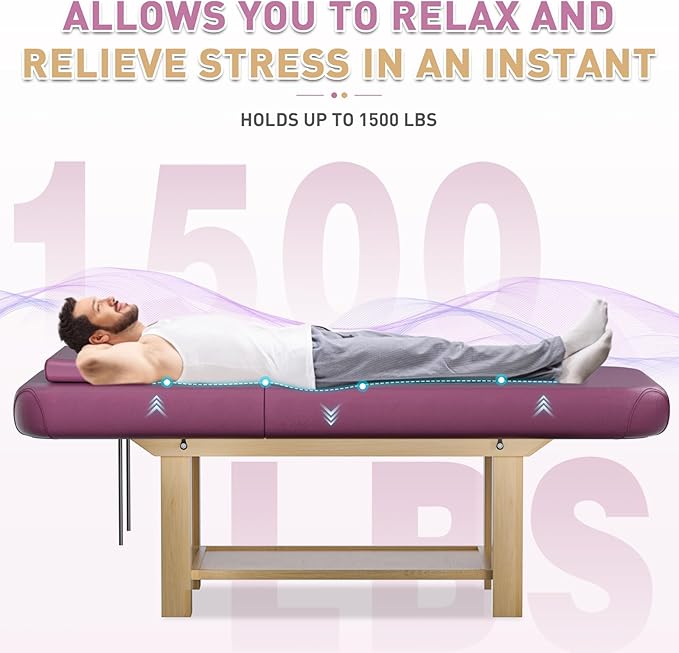 28in Wide Massage Table with 1500lbs Weight Capacity, Wooden Base, Massage Bed Adjustable Backrest for Professional & Home Use, Spa Treatment Table for Relaxation and Therapy，Red