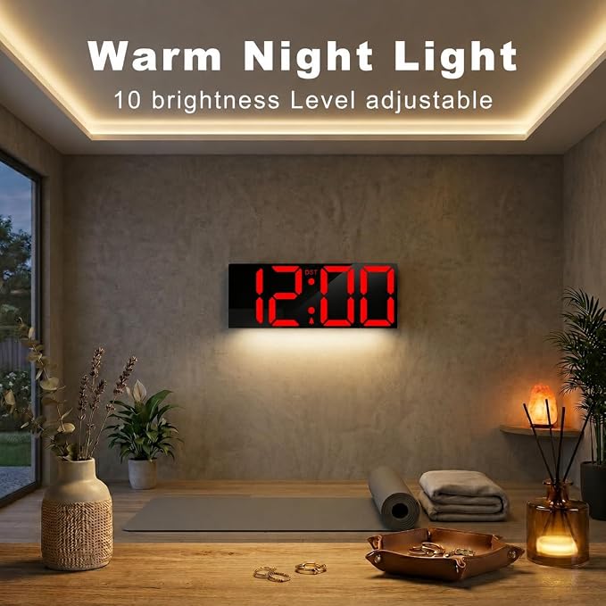 JALL 22" Large Digital Wall Clock, Big LED Display with Night Light, Auto Dimming & DST, Giant Alarm Clock for Seniors, Elderly Parents, Gift for Mom Dad (Red)