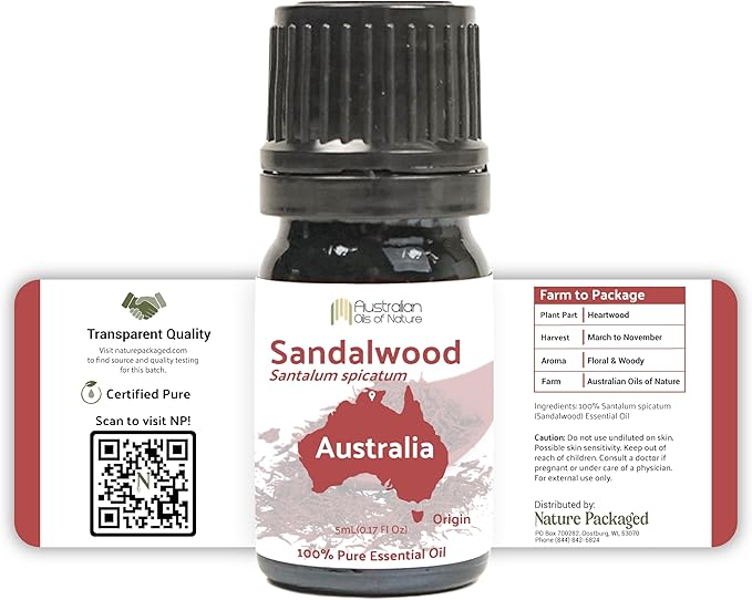 Sandalwood Essential Oil - Direct from Australian Oils of Nature - Steam Distilled - Aceite Esencial de Sándalo for Aromatherapy, Massage, Diffuser, DIY Candle and Soap Making - 8oz