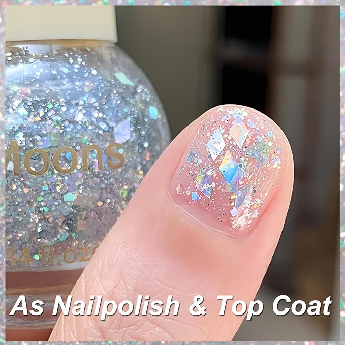 Clear Glitter Nail Polish, Chunky & Fine Holographic Glitter Top Coat, Iridescent Confetti Nail Polish Quick Dry, For DIY Nail Art and Holiday Party, Non Toxic