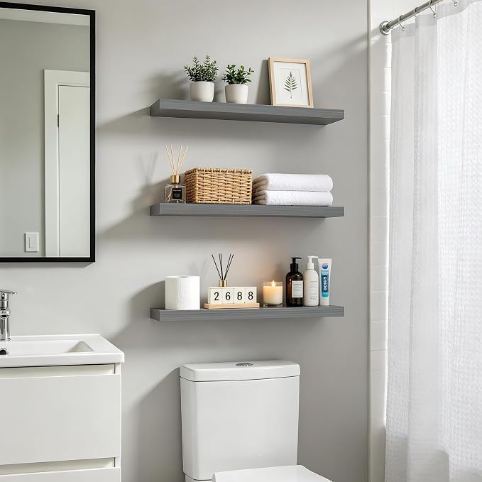 BAYKA Grey Floating Shelves 22.5in, Set of 3, Wall Mount Rustic Wood Shelf | Easy Install, 22lbs Max Load, Hidden Bracket, for Bathroom Bedroom Kitchen Display Storage Decor, Multi-Wall Compatible