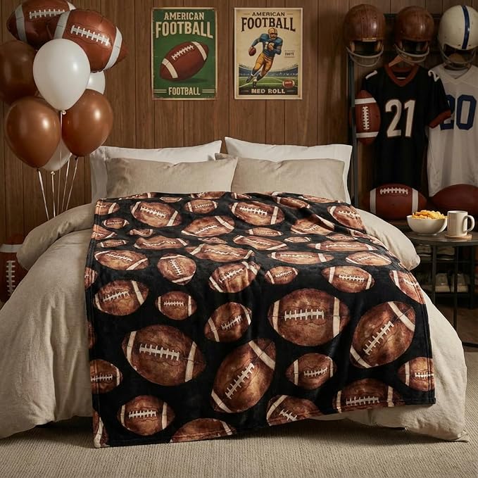 Horaldaily Football Black Flannel Throw Blanket 50x60 | All Season Using Ultra Soft Fuzzy Plush Cozy Non-shedding Blanket for Couch Sofa Bed Camping, Ideal Gift for Kids Adults