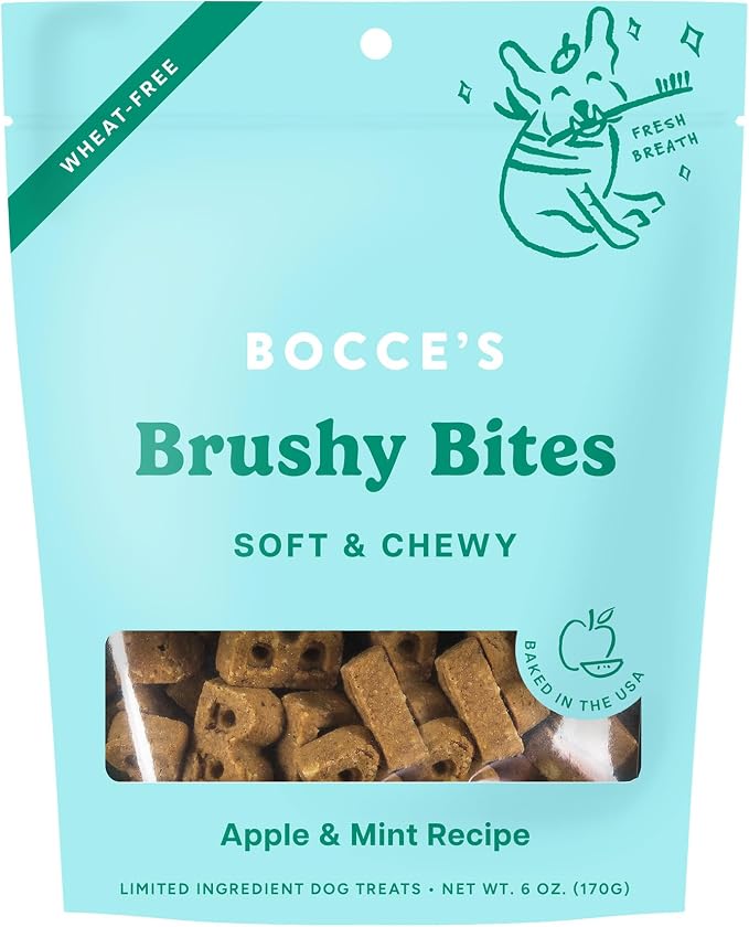 Bocce's Bakery Brushy Bites Soft Chewy Dog Treats, Apple Mint Flavor (6 oz) | Oven Baked, Wheat-Free Everyday Dog Treat Cookies - Made with Real, Limited Ingredients and Baked in The USA