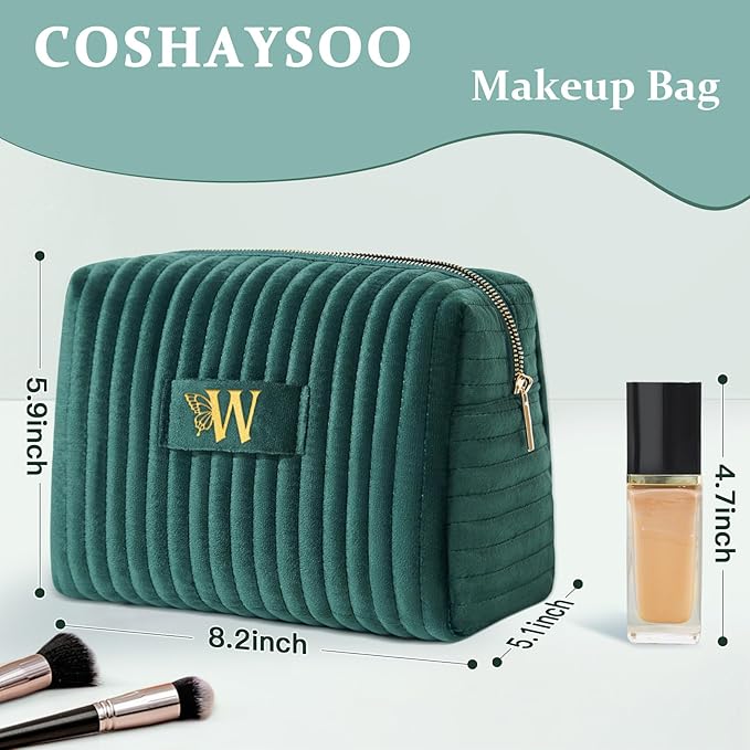 COSHAYSOO Travel Makeup Bag Quilted Make Up Pouch Initial Velvet Cosmetic Case with Butterfly Decorations for Women Cosmetics Complexion Skincare Products Tools Accessories Organizer Green Letter W