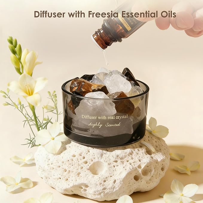 Crystal Stone Aroma Diffuser with Essential Oils for Home, Bathroom, Office, Home Decor & Fragrance 2 in 1, Chic Aromatherapy Gift Set (Freesia Scent)