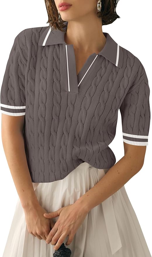 Micoson Womens Short Sleeve Sweater Tops Lapel V Neck Polo Shirts 2026 | Summer Cable Knit Loose Blouses, Business Casual Outfits