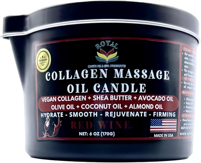 ROYAL Collagen Massage Oil candle, Body Massage Oil Candle, Candle Massage Oil, Collagen Massage Oil Candle, Aromatherapy candle, couple massage oil candle, 6 oz. with pouring spout - Red Wine Scent