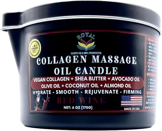 ROYAL Collagen Massage Oil candle, Body Massage Oil Candle, Candle Massage Oil, Collagen Massage Oil Candle, Aromatherapy candle, couple massage oil candle, 6 oz. with pouring spout - Red Wine Scent