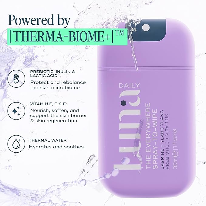 Luna Daily Mini Body Cleansing Spray | Instant Cleansing & Hydration for Feminine & Body Care | pH-Balanced & Moisturizing | Fresh Jasmine & Ylang Ylang Scent | Odor Control & Pregnancy-Safe, 30ml
