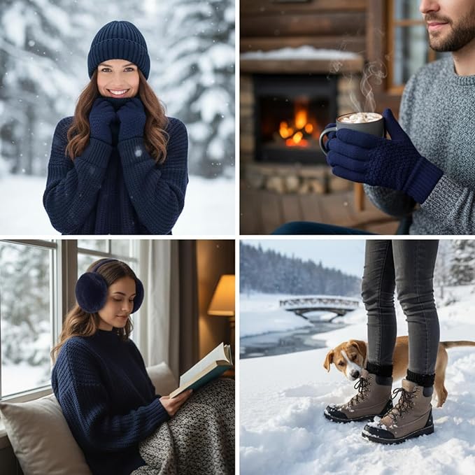 SATINIOR 5 Pcs Winter Beanie Hat Scarf Gloves Set Fleece Lined Knit Hat Warm Touch Screen Gloves Earmuff Warmer for Women(Navy Blue,Fashion Style)