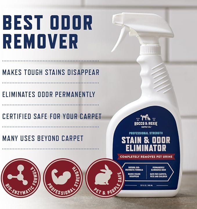 Rocco & Roxie Enzyme Stain & Odor Eliminator, 32 Fl Oz | Bio-enzymatic urine destroyer; CRI Certified Safe; made in USA; for carpets, bedding, litter boxes, crates & cars