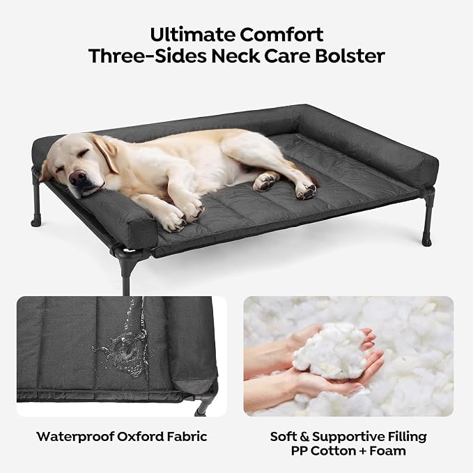 Veehoo Outdoor Elevated Dog Bed with Waterproof Bolster Cushion, Cooling | Raised Dog Bed with Removable & Washable Mat Topper, Breathable Mesh, Dog Couch Cot for Indoor Outdoor, 42", Large, Black