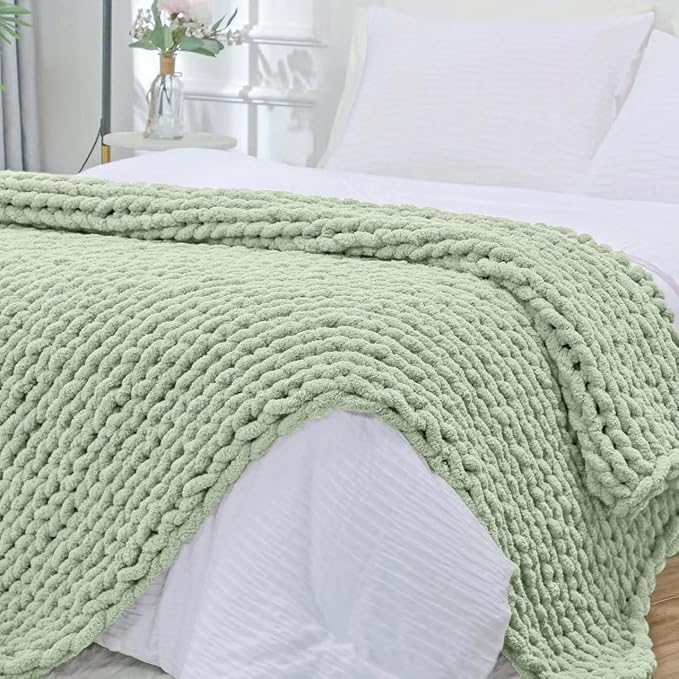 Bigacogo Chunky Knit Throw Blanket for Couch, 40x80 inches, Sage Green | Hand Knit with Jumbo Chenille, Soft Breathable Cable Knit for Sofa Bed Living Room, Machine Washable, Gift for Mom Friend
