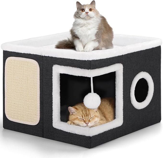 Shikha Cat House Bed for Indoor Cats with Fluffy Ball and Scratch Pad Black | Foldable Large Cat Cave Hideaway with Cozy Condo, Hide and Seek Window, Holds Up to 30LBS, All Season Reversible Cushion