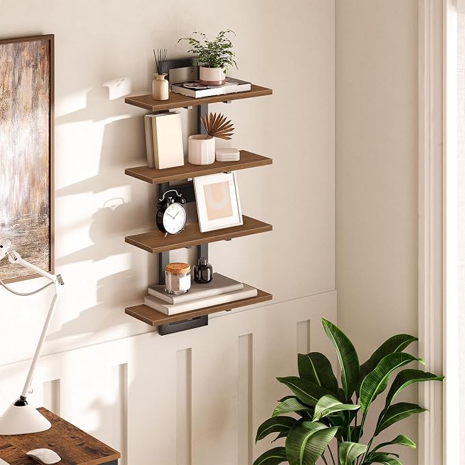 HOOBRO Floating Shelves, 15 Inch Wall Shelf Set of 2, Wall Mounted Storage Shelves 2-Tier, Hanging Bathroom Shelves, for Living Room, Bedroom, Bathroom, Kitchen, Walnut and Black BH32BJ01