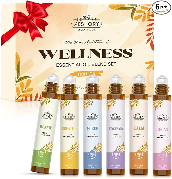 Essential Oils Roll On Set,Gifts for Women & Men (Calm, Relax, Breathe, Focus on, Sleep, Renew), Natural Aromatherapy Oil Blend Kit with Roller Ball for Massage, Body Skin Care, Relaxation Gift