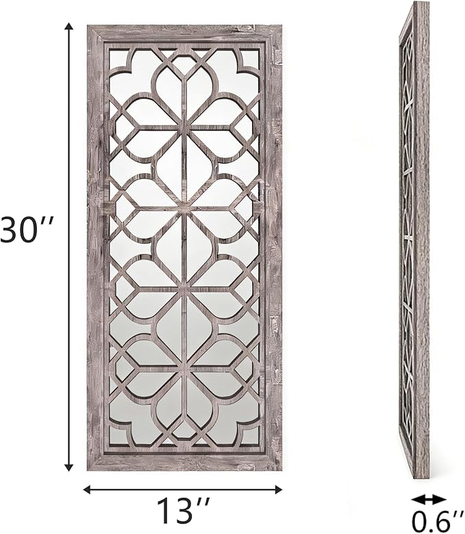Set of 2 13x30 Inch Large Brown Shatterproof Carved Floral Wood Frame Wall Mirrors, Boho Farmhouse Rustic Accent Mirrors for Living Room Bedroom Bathroom & Home Decor