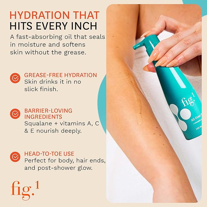 Fig.1 All Over Oil - Lightweight Hydrating Body-Oil for After Shower Glow | Non-Greasy with Vitamins A, C & E | Moisturizing Skin Oil for Face & Body | Vegan, Refillable Pump | 120ml