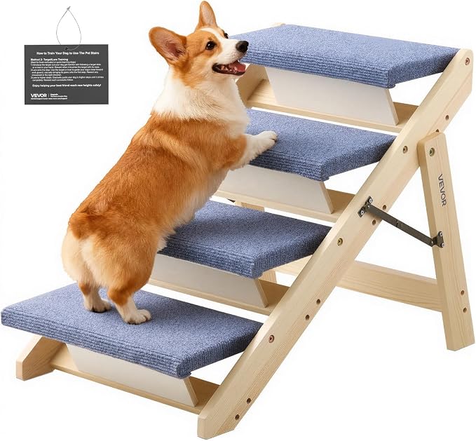 VEVOR Wood Pet Stairs, 4-Step Dog Stairs for Beds, Sofa & Cars, Floded Flat | For Small Medium Large Older Pet Puppy Essentials, 150lbs Load Capacity, Stable & Sturdy Cat & Dog Step Ladder, Non-Slip