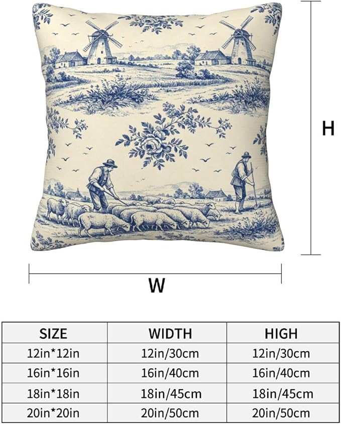 French Country Toile Pillow Covers 20x20 Set of 2, Blue & Cream Vintage Throw Pillow Covers Outdoor Decorative Pillow Case for Couch Bed Sofa Cushion Home Decor