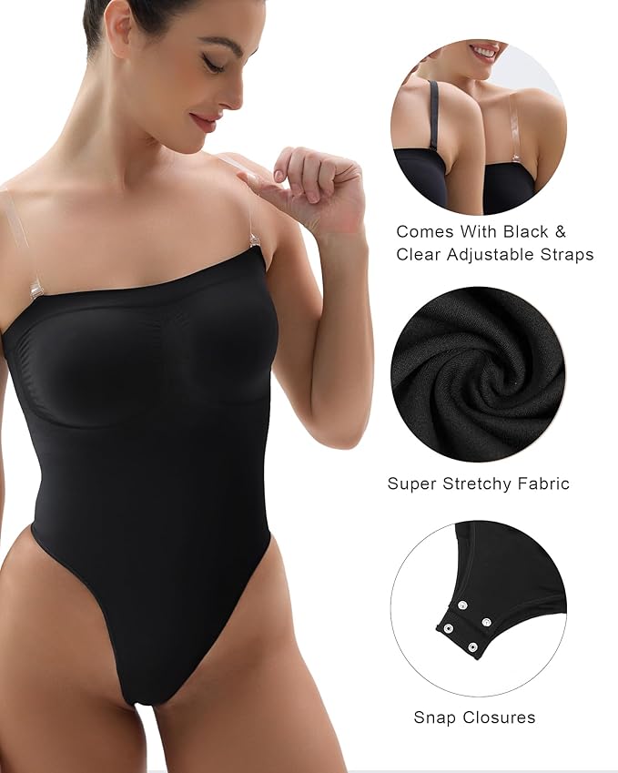 SHAPERX Strapless Shortie Bodysuit for Women Tummy Control Shapewear Seamless Body Shaper with Removable Straps