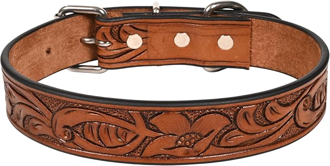 TARICO Adjustable Leather Dog Collar for All Breeds, Heavy Duty Non Padded Pet Collar with Engraved Design Durable Metal Buckle - Tan (Small: Fits 13–17" Necks)