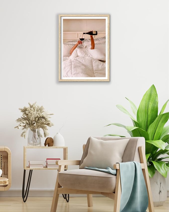 EcoHest Small 8x10in Woman Drinking Wine in Bed Framed Wall Art for Bedroom | Natural Oak Wood Frame with Canvas Wall Art, Feminist Wine Wall Decor for Bathroom, Apartment, Dorm, College Room, 1Pack