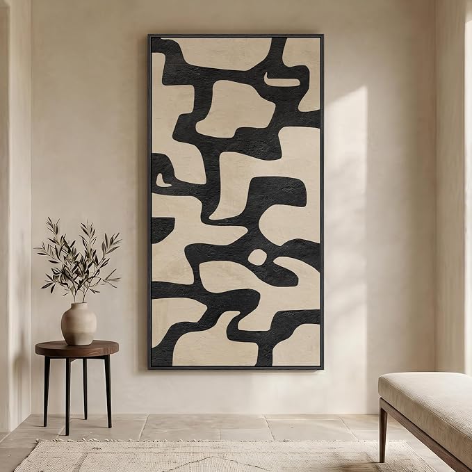 Large Framed Neutral Abstract Wall Art, Black Beige Mid Century Modern Vertical Canvas Prints Paintings Artwork for Walls, Organic Pictures Wall Decor for Hallway Living Room Bedroom Office, 30x60 In