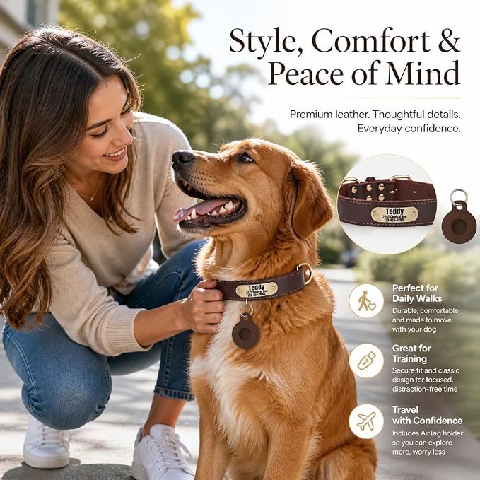 Personalized Genuine Leather Dog Collar with Name & Phone Number-Brown XL