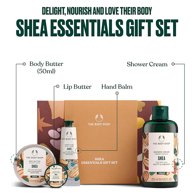 The Body Shop Shea Essentials Gift Set - 4 Piece Set, Shower Cream, Body Butter, Lip Butter, Hand Balm, Vegan