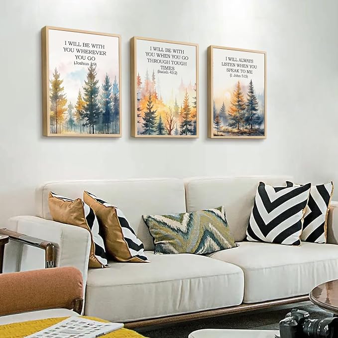 Forest Bible Verse Wall Art Painting Vintage Scripture Christian Landscape Wall Decor, Spiritual Jesus Nature Forest Quote Poster Canvas Prints, for Living Prayer Room Bedroom 16x24 inch Framed