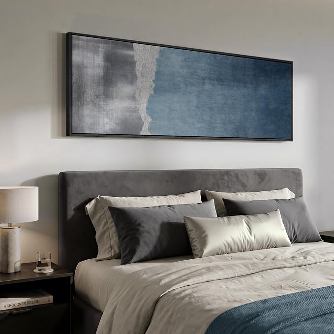Large Framed Blue Gray Landscape Abstract Wall Art, Long Vertical 20x60 In | Blue grey paintings, Canvas prints, Modern artwork, Tall narrow pictures, Wall decor for hallway living room bedroom dining