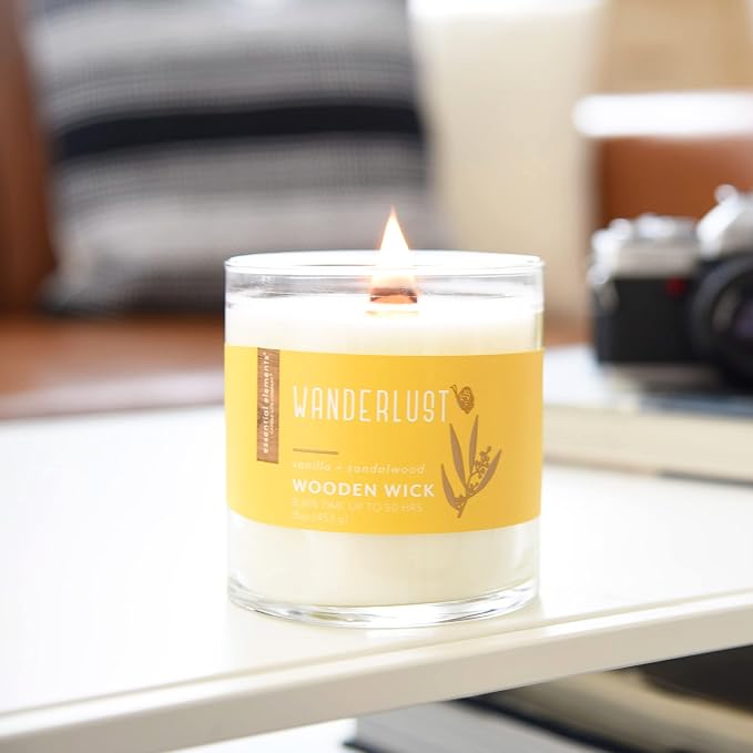 Essential Elements by Candle-Lite Company Wood Wick Scented Candle, Wanderlust, One 16 oz. Single-Wick Aromatherapy Candle with 50 Hours of Burn Time, White