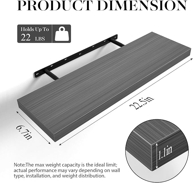 BAYKA Grey Floating Shelves 22.5in, Set of 2, Wall Mount Rustic Wood Shelf | Easy Install, 22lbs Max Load, Hidden Bracket, for Bathroom Bedroom Kitchen Book Storage Decor, Multi-Wall Compatible
