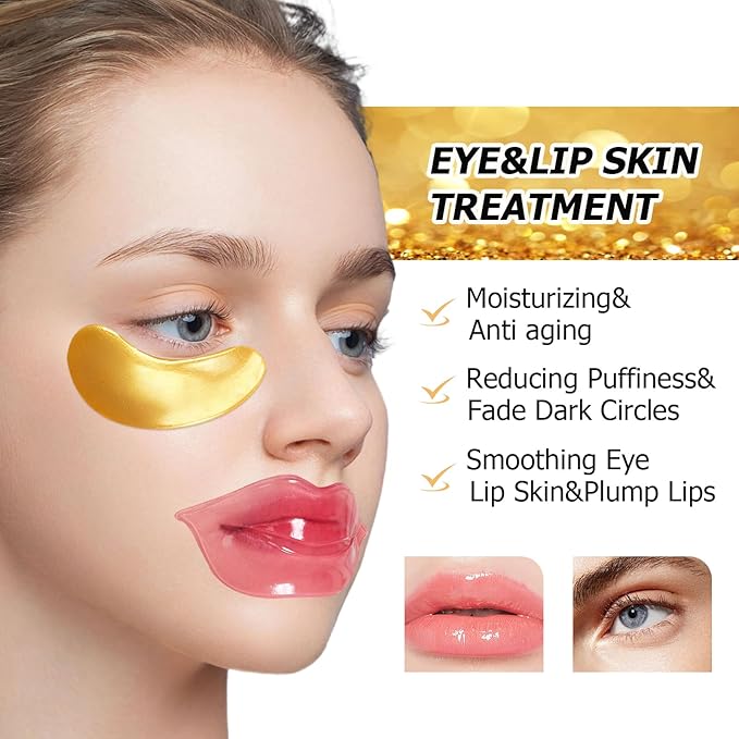 Jakuva 30 Pairs Lip Masks & Eye Masks,Gold Under Eye Patches for Puffy,Peach Red Lip Masks Skincare,Effectively Moisturizing Facial Skin, Anti-Aging, Reducing Fine Lines, Nourishing for Face Care