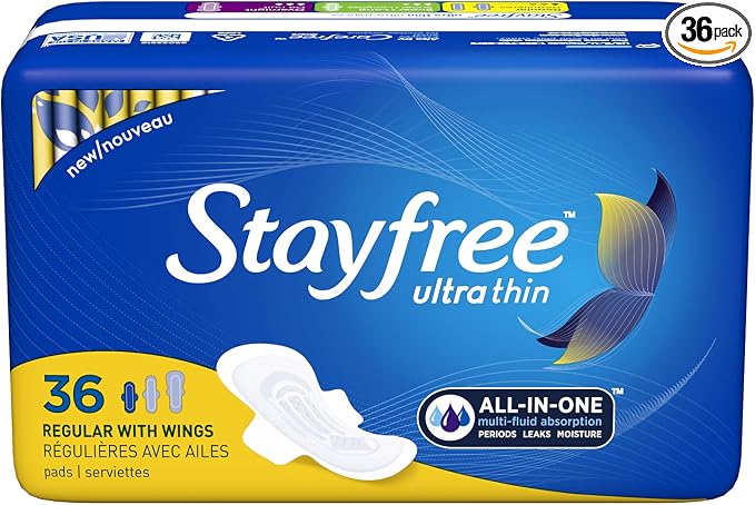 Stayfree Ultra Thin Regular Pads with Wings For Women, Reliable Protection and Absorbency of Feminine Moisture, Leaks and Periods, 36 count