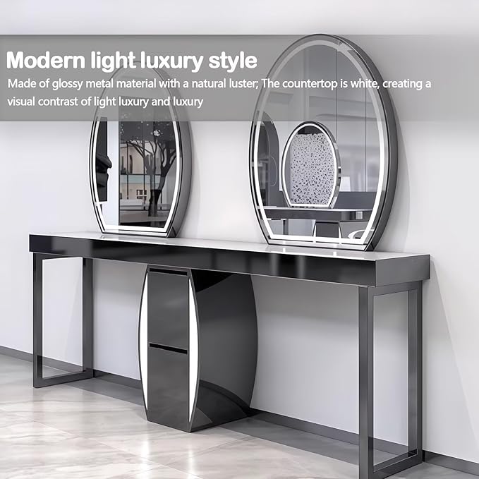 2-Person Salon Station for Hair Stylist with Curved Cabinet & Glowing Accents, Barber Station includes Oval LED Mirror, Large Capacity Storage