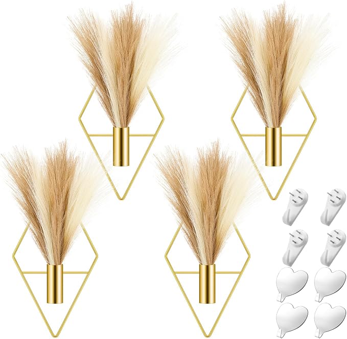 Hanaive 4 Sets Boho Wall Decor Metal Wall Art Hanging Planters with Artificial Pampas Display Modern Home Vase for Bedroom Home Office (Classic,Gold, Beige, Dark Coffee)