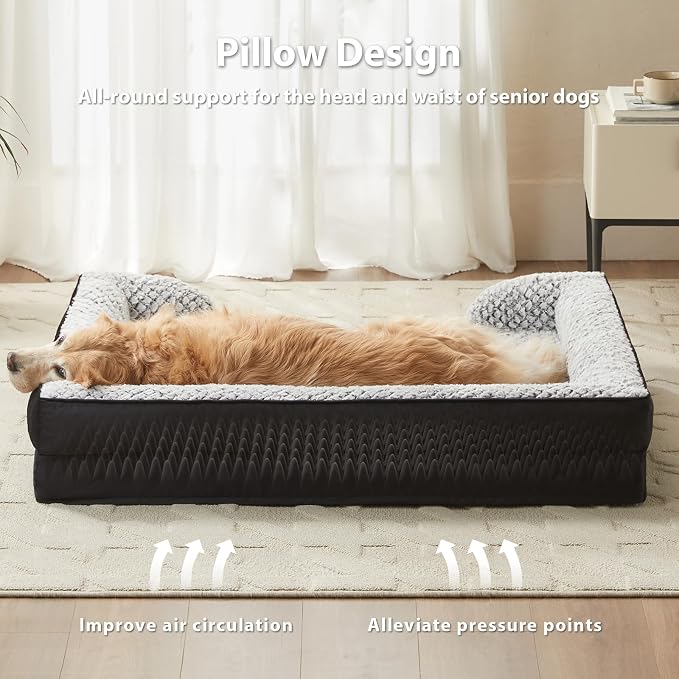 LEXTRO Orthopedic Dog Beds for Large Dogs, Comfy Washable Dog Couch Bed | Comfy Sleeping Dog Bed with Egg Crate Foam, Dog Sofa with Removable Cover, Waterproof Lining&Non-Slip Bottom, Gray