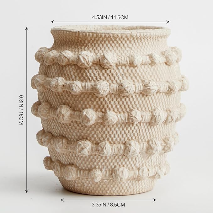 DN DECONATION Beige Flower Vase, 6.3" Farmhouse Boho Vase for Home Decor | Textured Rustic Small Vase, Cement Decorative Flower Vases with Rope Knots for Living Room, Table Centerpiece, Shelf, Mantel