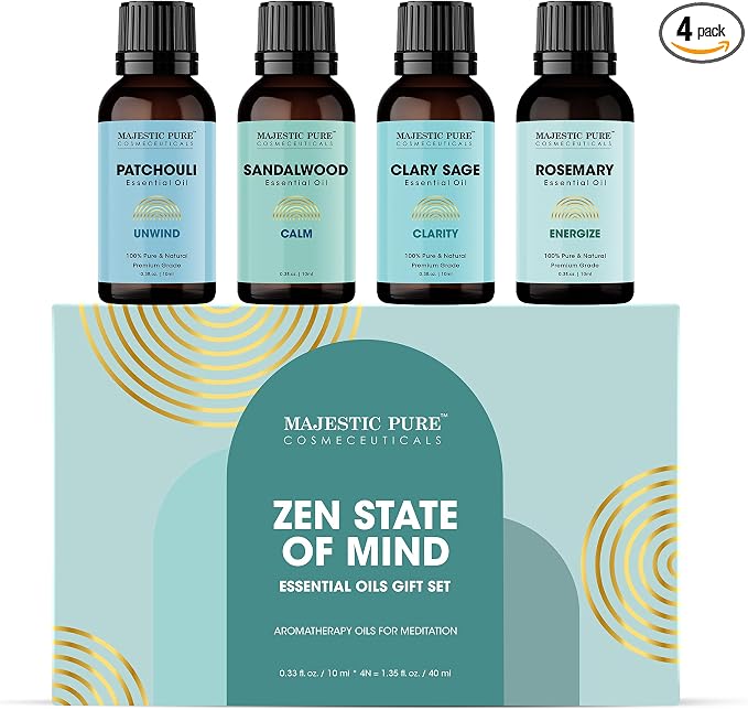 Majestic Pure, Rosemary, Sandalwood, Clary Sage and Patchouli Meditation Essential Oil Set | Perfect for Meditation, Yoga, Relaxation or Mindful Mornings | Pack of 4 x 0.3 Fl Oz