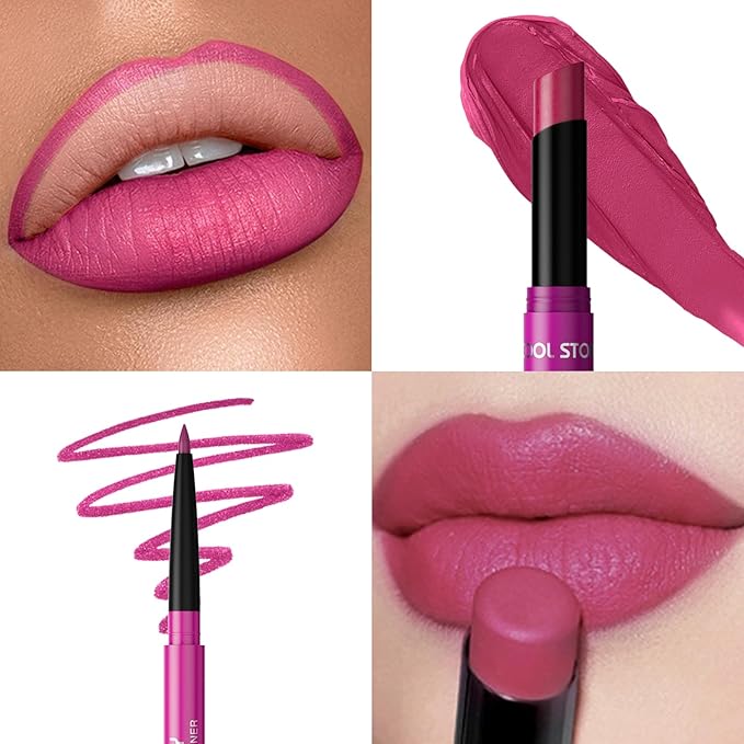 2 Piece Lip Liner and Lipstick Set, Long Lasting Formula, Professional Makeup Kit (05)
