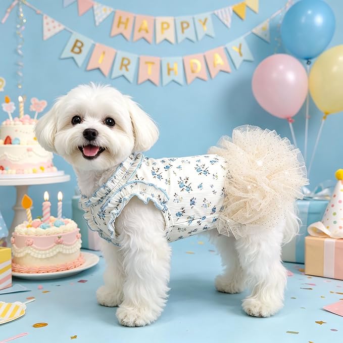 Dog Dresses for Small Dogs Girl,Floral Dog Tutu Dress,Pet Clothes for Puppy Small Cats Cute Dog Princess Skirt for Female Pet Birthday Party Outfit（Blue,X-Small）