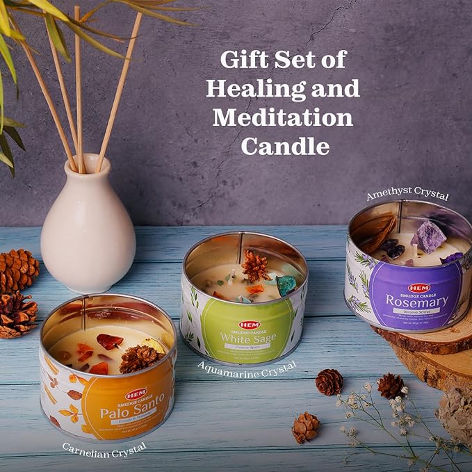 HEM Crystal Candle Gift Set – 3 Natural Soy Wax Candles (9.5 oz) | White Sage, Palo Santo & Rosemary Scents | 65-Hour Burn | Aromatherapy Candles for Cleansing, Meditation & Gifting.