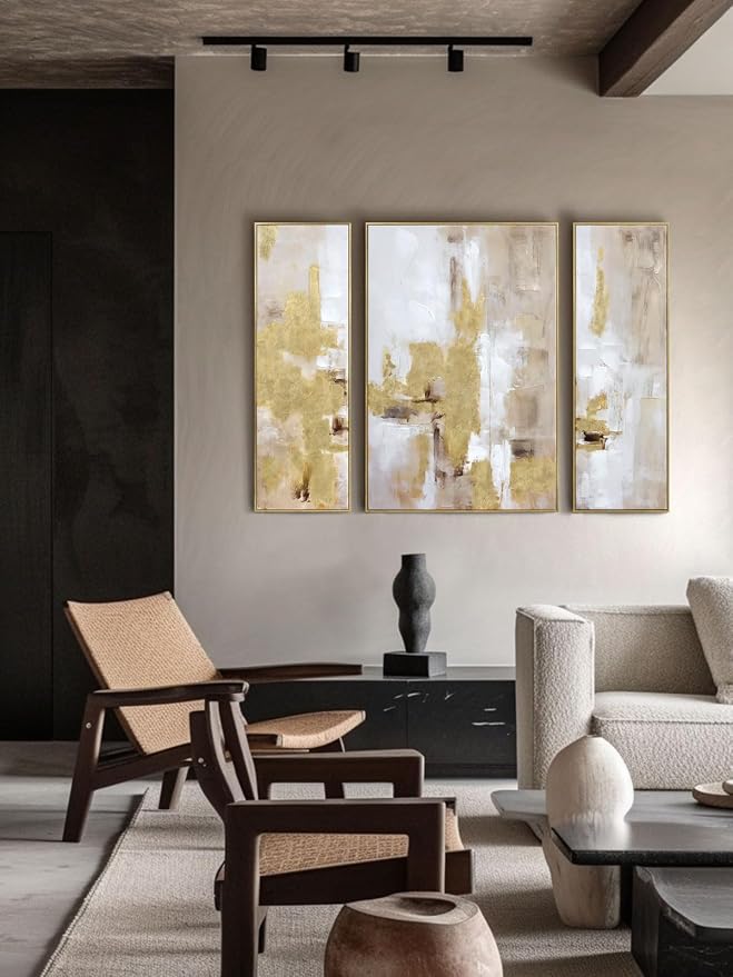 Zessonic Abstract Gold and Beige Textured Wall Art,12"x36"x2 and 24"x36"x1 | Gold and Beige Modern Textured Canvas Prints with Hand-Applied Brush Strokes, Large Wall Decor for Bedroom Office Dining Room