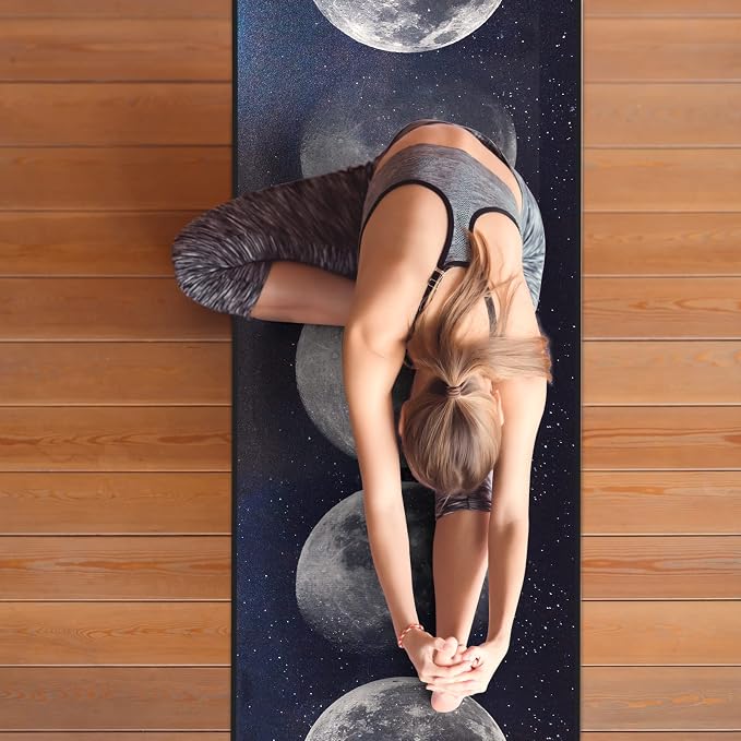 QiyI Yoga Mat Towel with Corner Pockets, Non Slip Sweat Absorbent Hot Yoga Towels, Soft Yoga Blankets with Travel Bag, Skidless Mat Cover for Workout, Gym, Fitness - 70"x26", Moon Cycle